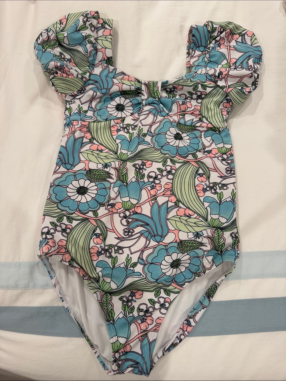 Janie and Jack Floral Ruffle One-Piece Swimsuit - Blue, Pink & Green